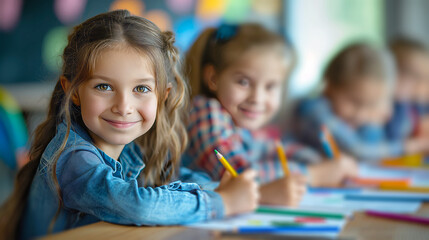 Poster - Happy children in classroom working on an art project, vibrant and blurred educational background, concept of creativity in school, Generative AI. Generative AI