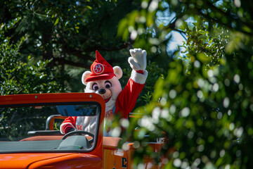 Mascot waving from an orange car in a parade.