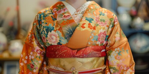 Wall Mural - A woman wearing a kimono with floral patterns