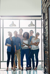 Leinwandbilder - Portrait, creative and business people with smile, teamwork and confidence at happy digital agency. About us, men and women together at tech startup for support, solidarity and collaboration at work