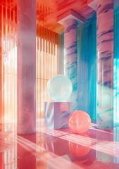 Poster - Pink and Blue Pastel Aesthetic Room With Columns and Spheres