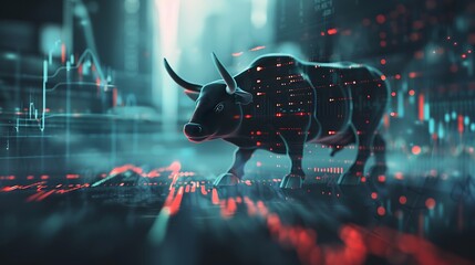 Wall Mural - Holographic visualization of stock market data illustrates a bullish trend, emphasizing the potential for financial growth.