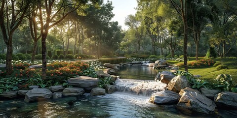 Wall Mural - Forest Park with River and Waterfall