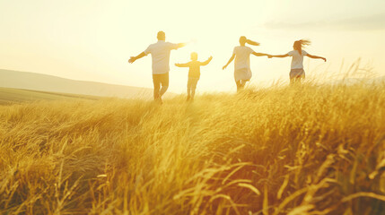 a family holding hands running through a golden field at sunset, with a warm and soft background, de