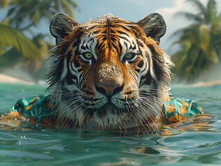 A tiger wearing a colorful shirt is swimming in a pool with palm trees in the background.