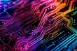 © sceneperfect - Vibrant close-up of a colorful electronic circuit board with glowing neon lines, technology and innovation concept, suitable for tech backgrounds.
