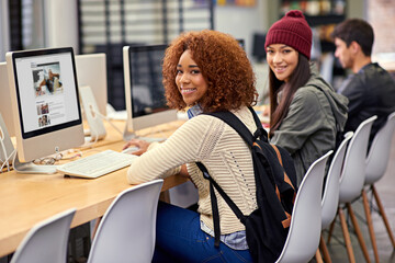 Poster - Portrait, computer and students in library for research, studying and youth in university for knowledge. College, friends and girls with smile, typing and monitor for project, exam and scholarship