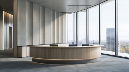 Wall Mural - An office workspace featuring a curved desk integrated with sound-absorbing materials, set against a backdrop of panoramic windows.