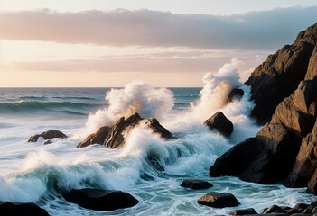 Nature background concept waves crash against rugged rocks at sunrise