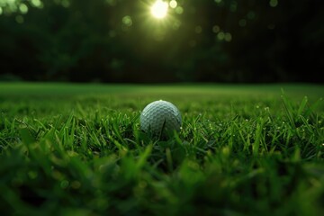 Canvas Print - A golf ball sitting on a lush green field. Suitable for sports and outdoor activities