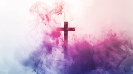 Colorful Mist and Vapor with Cross on White Background. Symbolizing Faith, Christian Culture, Hope, and Light. 4K HD Wallpaper. AI-Generated Background.