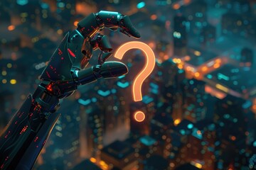 Poster - Robotic hand holding a glowing question mark, suitable for technology concepts