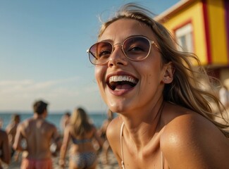 Laughing woman wearing sunglasses at the beach with blurred people in the background. AI.