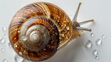 A tight shot of a snail's spiral shell against a pristine white backdrop, adorned with water droplets