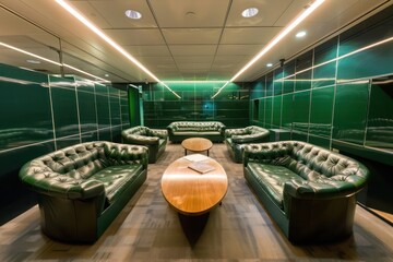 Wall Mural - Elegant Corporate Space with Forest Green Modular Units and Soft Leather Couches for Meetings