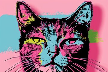 Naklejka na meble Colorful pop art style cat illustration with pink background. Vibrant and playful feline design perfect for modern decor.