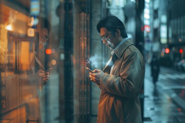 Poster - A man focused on his cell phone. Useful for technology concepts