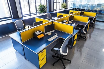 Wall Mural - Functional Minimal Office with Classic Indigo Workstations and Pops of Bright Yellow for a Creative Flair