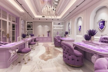 Wall Mural - Luxury Fashion Studio with Lavender Workstations and Elegant Display Areas for Designers