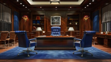 Wall Mural - Minimalist Executive Office with Royal Blue Chairs and Mahogany Desks for Refined Taste
