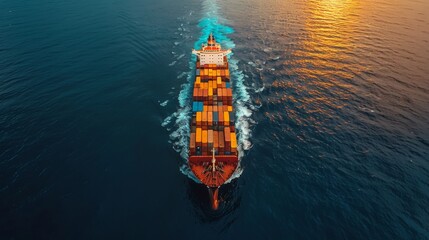 Aerial view from drone, Container ship or cargo shipping business logistic import and export freight transportation by container ship in open sea, Container loading cargo freight ship boat