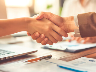 Poster - Two people shaking hands over a desk, warm light, focused on the concept of agreement or partnership. Generative AI