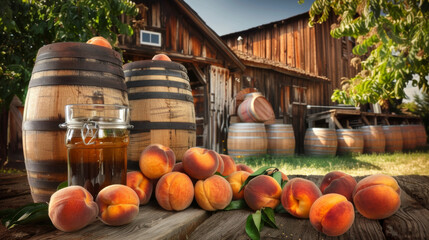 Wall Mural - A large group of peaches are sitting on a wooden table next to a barrel of honey. The scene is set in a rural area with a barn in the background. Scene is warm and inviting