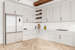 © ImageFlow - Modern kitchen with beige cabinets, wooden beams, and chevron-patterned floor, against a white tiled backsplash. Light and airy interior concept. 3D Rendering.