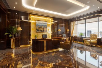 Wall Mural - Sophisticated Investment Firm with Golden Accents and Premium Walnut Desks for Financiers