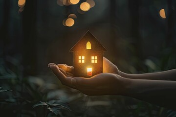 Poster - Hand holding a glowing eco-friendly house, dark background, warm light on house, clean and simply stunning.