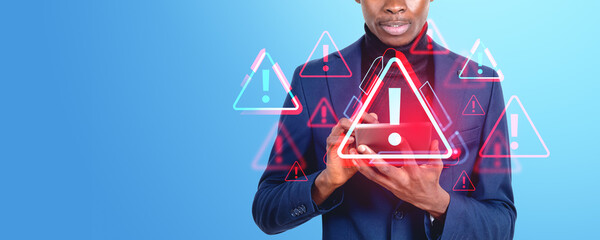 Poster - Black man finger touch tablet, cybersecurity and red warning sign. Copy space
