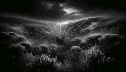 Poster - Intricate spider webs glisten under moonlight, dramatized in black and white, with a mysterious night sky backdrop, conveying a mystical concept. Generative AI