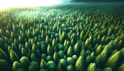 Poster - A vast, dense forest canopy basking in sunlight, realistic style, on natural background, concept of nature's expanse. Generative AI