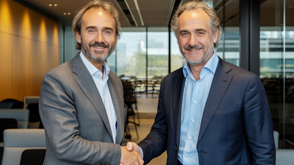 Aufkleber - Two smiling men in suits shaking hands in an office environment, displaying professionalism and partnership. Generative AI