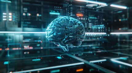 A futuristic depiction of the brain with holographic data and digital readouts, illustrating advancements in brain research and technology 