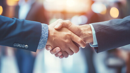 Aufkleber - Two businessmen shaking hands, photographed close-up with a blurred background, depicting a concept of agreement or partnership. Generative AI