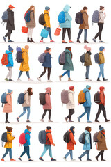 People dressed in winter clothing, walking in various directions, carrying backpacks and bags, isolated on white background.