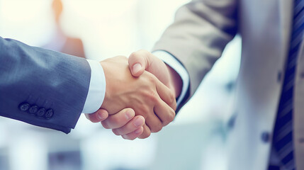 Aufkleber - Two people in business attire shaking hands, blurred office background, concept of agreement. Generative AI