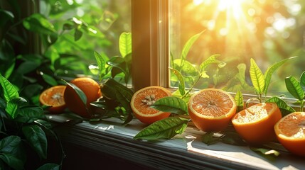 Wall Mural - A bright yellow lemon with green leaves placed on a windowsill, bathed in warm sunlight streaming through the window, creating a fresh and vibrant scene.