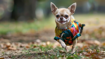 Canvas Print - A small Chihuahua dressed in attire plays at the park