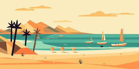 Sticker - Beach landscape. Flat style art illustration.