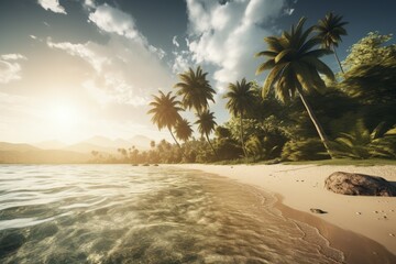 Wall Mural - Tropical paradise beach with white sand and palms travel tourism background concept.