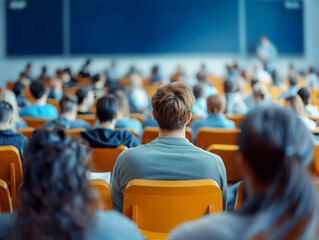 Poster - Students sitting in a lecture hall focused on a speaker, concept of education and learning. Generative AI