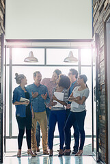 Poster - Happy, creative and business people with group, diversity or fun teamwork at digital agency. About us, men and women laughing together at tech startup for support, solidarity or collaboration at work
