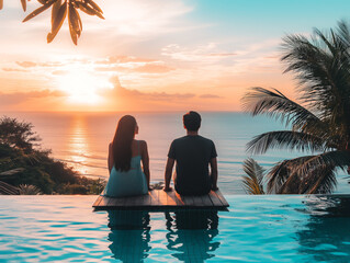 Poster - Couple sitting by an infinity pool at sunset, tropical palm trees in the background, concept of romantic vacation. Generative AI