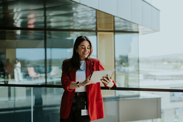 Smiling businesswoman in red blazer using tablet at modern office window in daylight