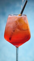 Canvas Print - Glass of apperol spritz cocktail with orange slice and straw on blue background. Closeup of summer drink