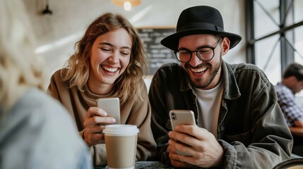 Wall Mural - A young woman and man  sitting at a table, smiling while watching their phone together