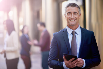 Canvas Print - Portrait, businessman and tablet in London for conference or travel for work in company as representative. Mature, male person and happy for networking in workshop on international trade and industry