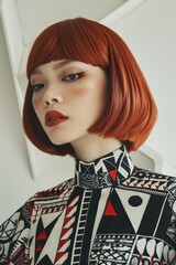 Wall Mural - Woman With Red Hair in Black and White Shirt